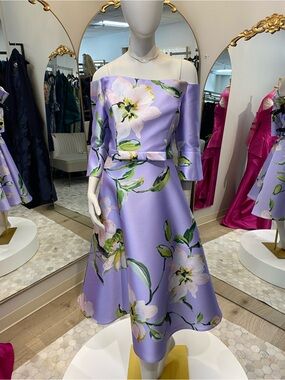 Off-Shoulder Lavender Floral Midi Dress with Waist Bow